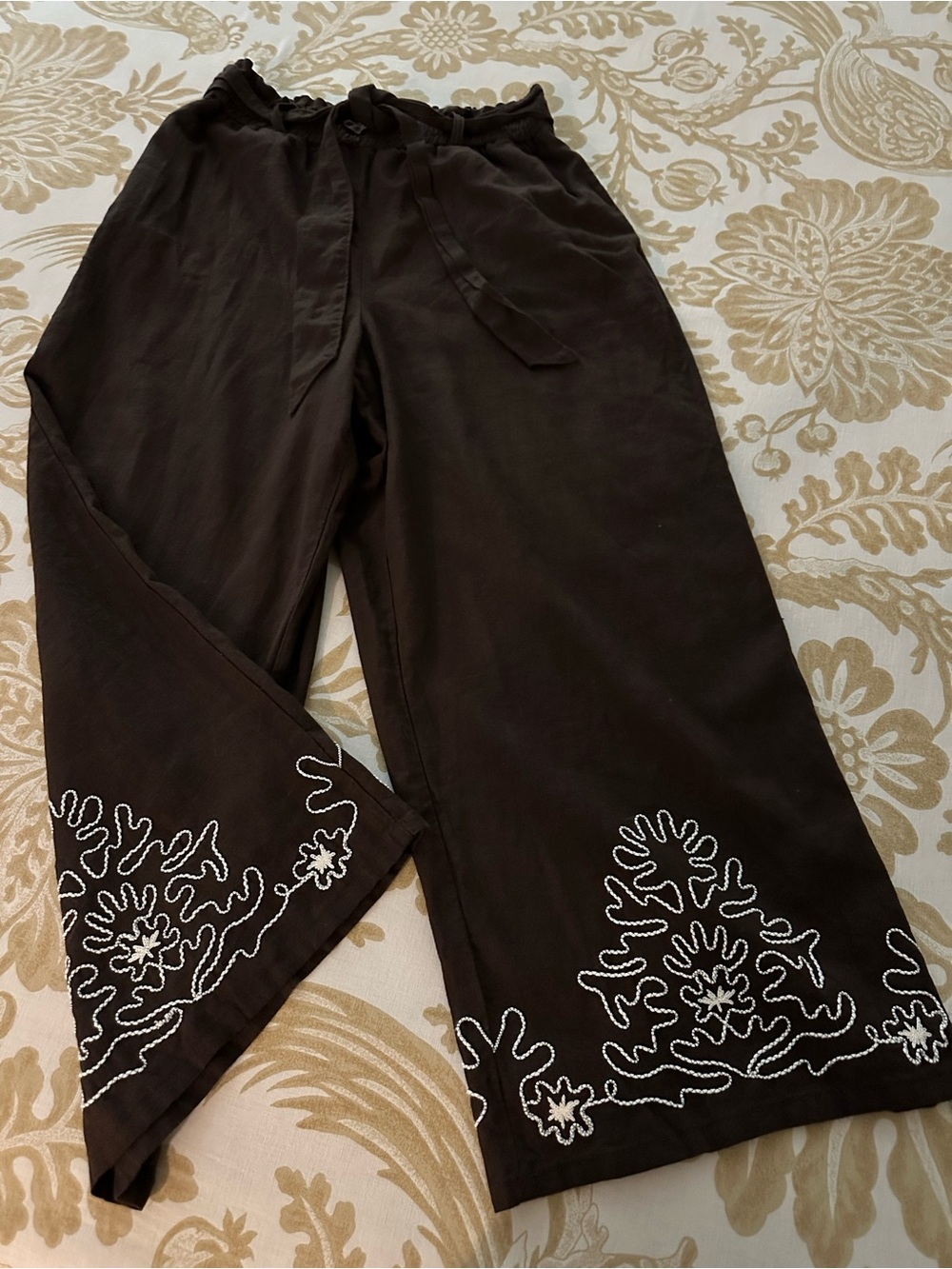 Calypso St. Barth Embroidered Brown Linen Rayon Wide Leg Pants Womens Large